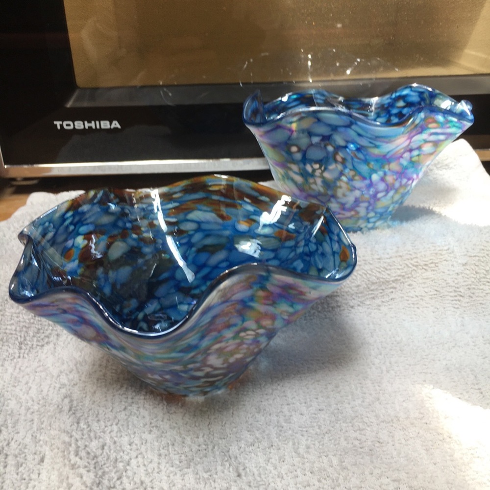 SOLD!!!Hand blown art glass iridescent handkerchief bowls set of 2